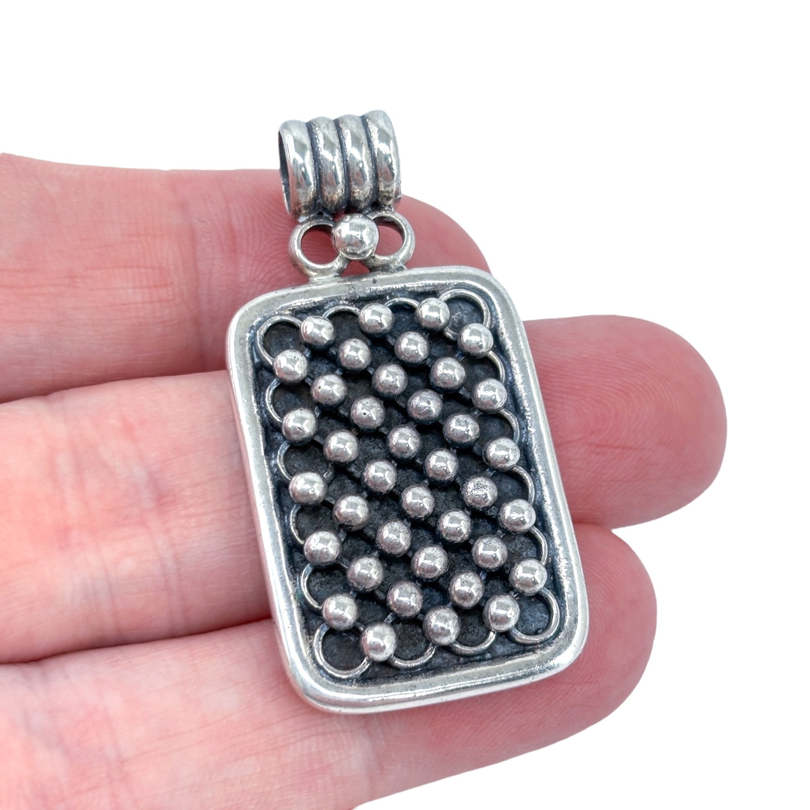Sterling Silver Beaded Pendant | Modern Rectangular 925 Artisan Design